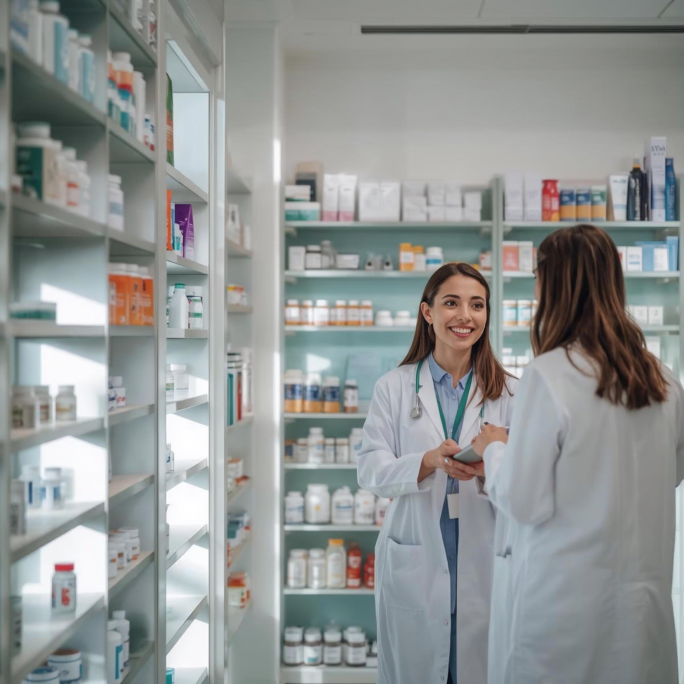 Pharmacist assisting customer at modern pharmacy counter